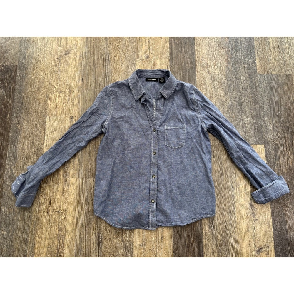 DKNY Jeans Womens Blue Cotton Linen Chambray Roll Tab Button Down Shirt XS